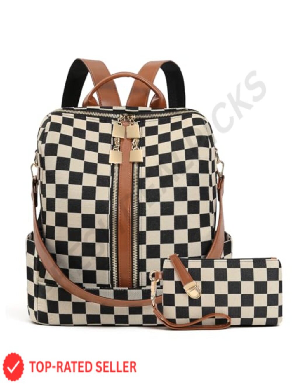 Canvas PU Leather Checkered Backpack Purse for Women, Fashion Travel Daypack